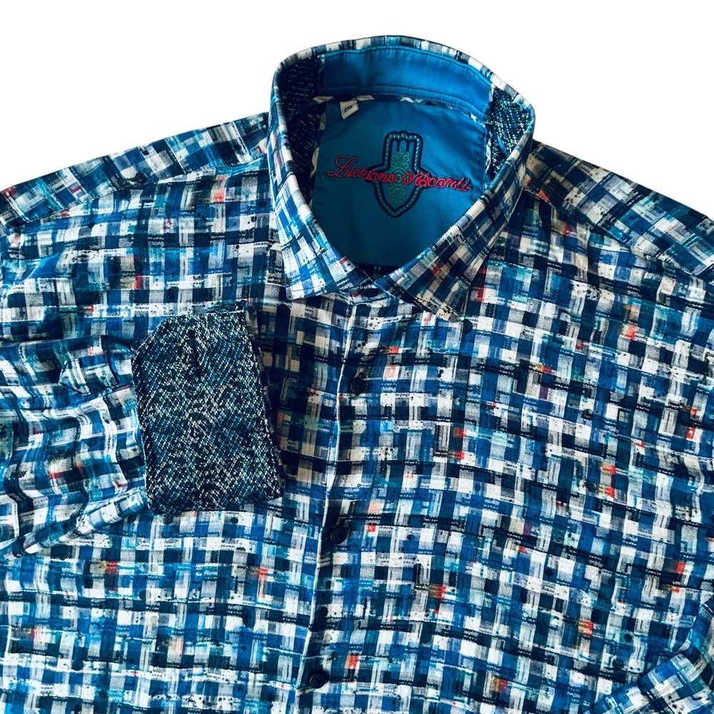 Luchiano Visconti Mens 2XL Blue Abstract Plaid Long Sleeve Stretch Button Shirt